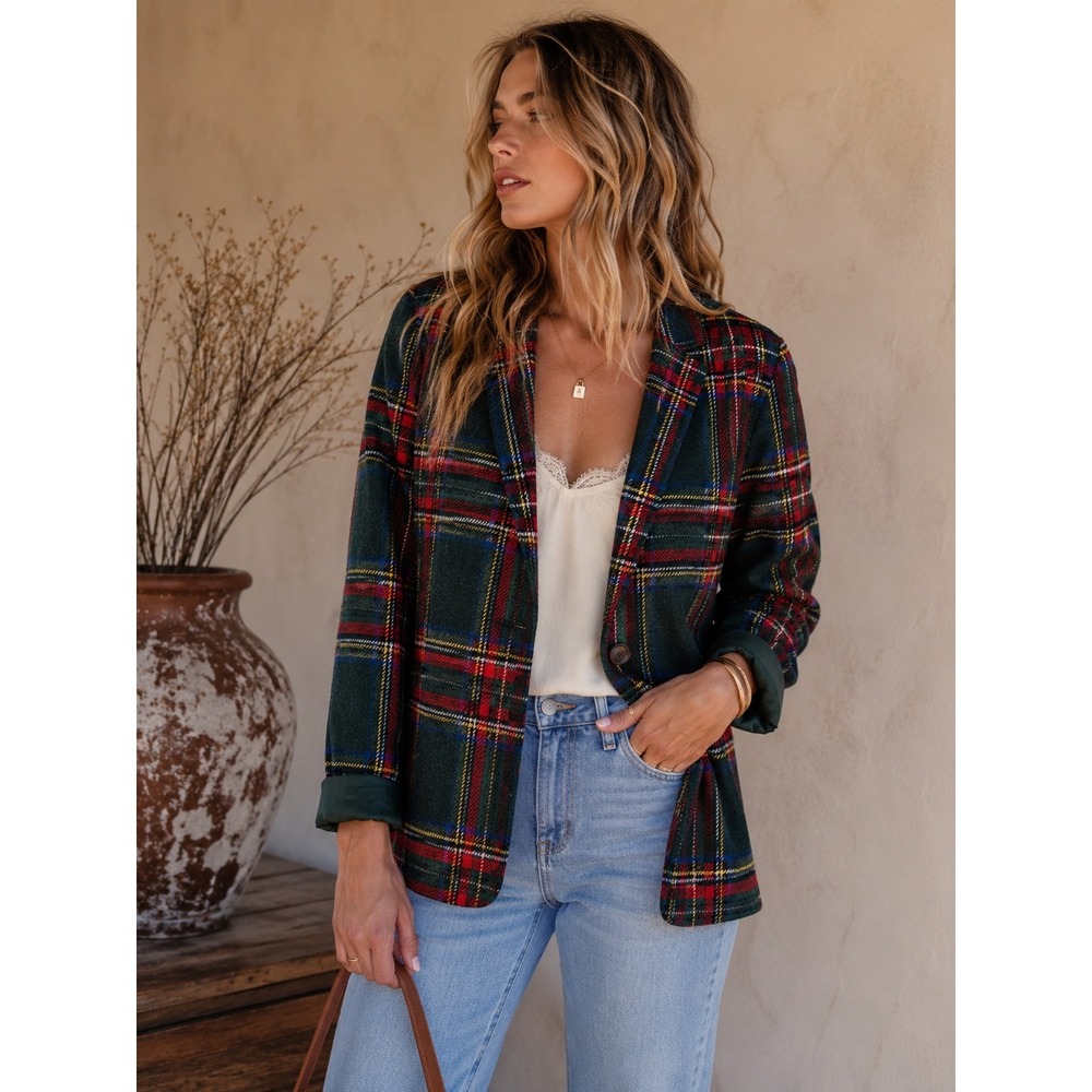 Aura Women Green Tartan Plaid Blazer Jacket Two Button  Size S